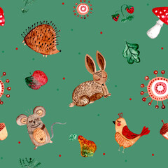 Obraz premium Bunny, mouse, bird, hedgehog, strawberry, acorn, leaves seamless watercolor pattern. For children's textiles, prints, wallpapers.