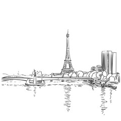 Eiffel Tower and river Seine vector sketch. Paris, France. Hand drawn vector illustration - obrazy, fototapety, plakaty