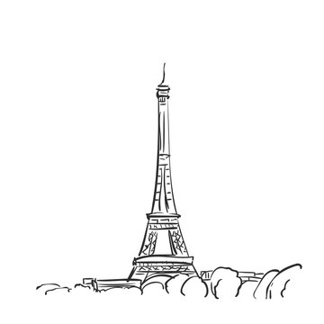 Eiffel Tower vector sketch, Simple hand drawn illustration isolated black ink, Paris, France