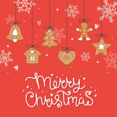 Christmas backgroung with hanging gingerbread cookies and lettering