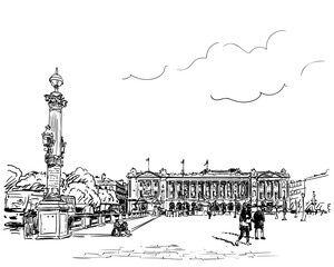 Paris cityscape vector drawing, famous Place de la Concorde, France capital hand drawn architecture sketch black ink