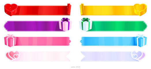 Vector set of blank web banners decorated with a gift boxes and valentine hearts. Unfolded scrolls of red, purple, pink, gold, green, blue and lilac colors. Empty ribbons for the sales promotion.