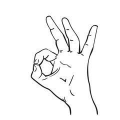 Hand showing Okay gesture Vector sketch, Hand drawn linear illustration isolated black and white