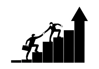 Fototapeta premium Business assistance. Helping hand entrepreneur. Helping each other. Growth progress. Help grow. Concept assistance. Business assistant. Silhouette men. Assist move forward. Effort achievement. Vector 