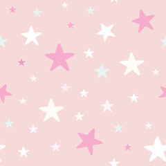 Baby girl nursery seamless pattern with white stars on pink background. Perfect for fabric, textile, nursery decoration, Christmas scrapbooking, baby shower. Surface pattern design.