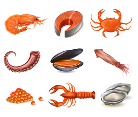 Set of seafood realistic objects. Salmon steak, shrimp, caviar and lobster.