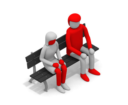 Men And Women Sitting On The Bench. A Person Dating In The Park. First Date. Men And Women Who Are Nervous.