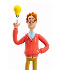 3d illustration. Nerd Larry  with lightbulb. Idea and innovation technology concept.