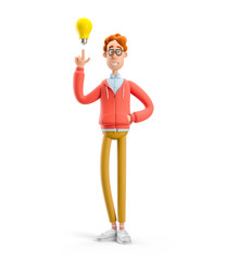 3d illustration. Nerd Larry  with lightbulb. Idea and innovation technology concept.