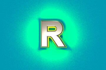 Silver metal font with yellow outline and green noisy backlight - letter R isolated on blue, 3D illustration of symbols