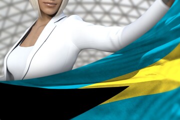 Fototapeta na wymiar pretty business lady holds Bahamas flag in front on the modern architecture background - flag concept 3d illustration
