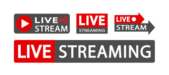 Set of live streaming icons Online Icon video broadcasting. Red and blacksymbols and buttons of live streaming, broadcasting, online stream. Symbols for news, TV, movies, shows