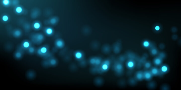 Vector abstract background with blue bokeh on dark. Glowing magial lights, sparkling glittering effect.	