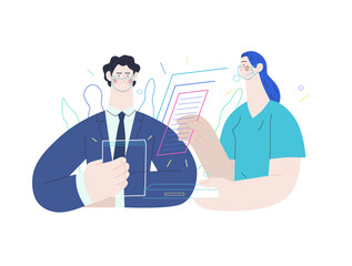 Fototapeta na wymiar Medical insurance illustration -list of documents -modern flat vector concept digital illustration - a male hospital administrator reading papers, a nurse with documents in the medical office