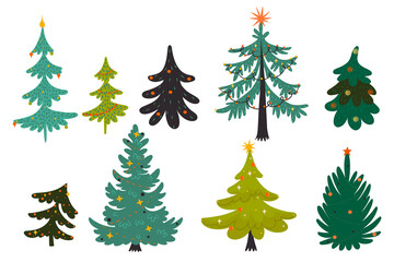 Set of Christmas trees isolated on a white background. Vector graphics.