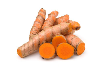 Turmeric (curcumin) rhizomes isolated on a white background,For cooking and for herbs.