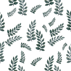 Watercolor twigs pattern. Seamless floral texture with branches and leaves. For printing on fabric and paper