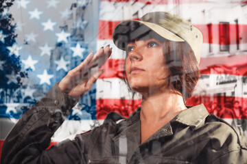 Fototapeta premium USA celebration. Portrait of a female soldier saluting, against the background of the American flag. Side view. Multi-exposure
