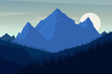 Illustration of landscape with mountains in flat style. Design element for poster, card, banner, flyer. Vector illustration. Vector illustration