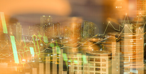 Infection financial of World stock graph has down from virus corona outbreak. COVID-19 shurtdown world business economy concept. Digit number on city background.