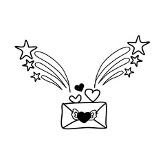 Vector icon of a love letter exploding with hearts and fireworks. Envelope with hearts and salute  isolated on a white background. Vector illustration in sketch style.