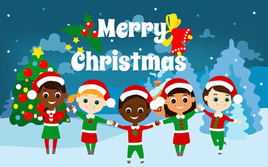 Cheerful happy children of different nationalities stand holding hands in front of Santa Claus house at Christmas. Children are dressed in traditional green and red elf costumes. An atmosphere joy.