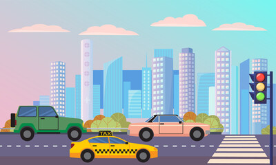 Cityscape with street with zebra vector, transportation cars on roads. Traffic lights on highway with automobile, skyscrapers and buildings lorry taxi illustration in flat style design for web, print