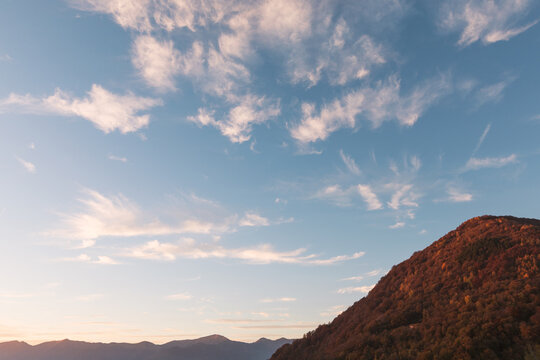 Sunset view of Lugano lake and the Monte Brè in Canton Ticino