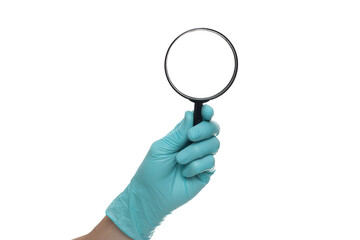Fototapeta na wymiar Man's hand holding magnifying glass, close up isolated on white background, copy space for your text. Magnifier for reading
