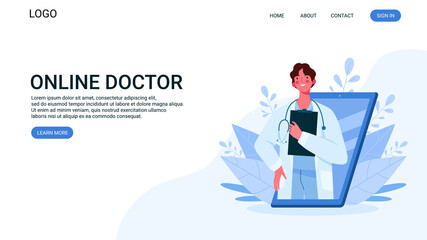 Online medical consultation, support. Online doctor. Healthcare services. Family male doctor with stethoscope on smartphone. Online medical advise or consultation service, tele medicine. Landing page. - obrazy, fototapety, plakaty