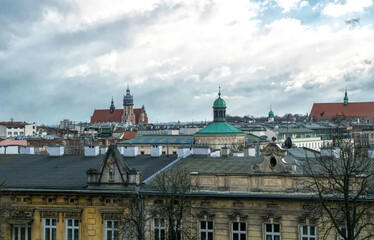 Winter city skyline of Krakow, Poland