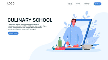 Online culinary school. Online recipe, Man chef teaches cooking new recipe. Food Blog, channel. Video tutorial. Online education, distance learning. Flat Cartoon Vector Illustration. Landing page.