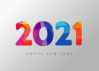 2021 New Year banner with paper cut numbers. 20 21 3d facet bright colors wavy shapes. Minimal cover design. Template for Christmas flyers, greeting cards, brochures. Vector Xmas illustration
