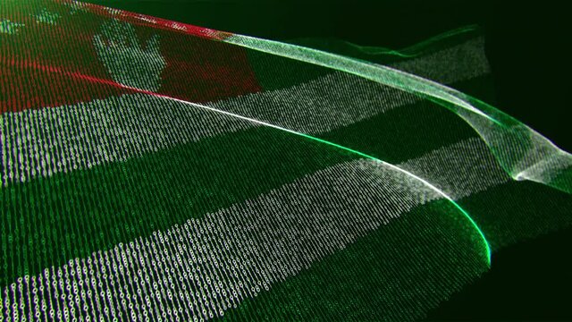 3d render. Abkhazia flag with binary code texture flies in the wind. Seamless loop.
