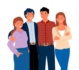 Fototapeta premium Group of people standing together, smiling man and woman embracing, portrait and closeup view of crowd in casual clothes, friends or relatives vector