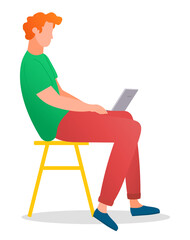 Man sitting on the tabouret and working with laptop in social networks isolated on white. Redheaded male character on the chair in casual clothes holding computer on his knees typing on the keyboard
