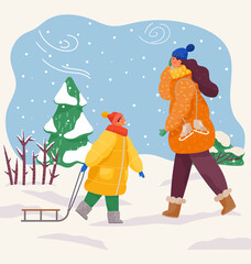 Couple mom and son walking in winter in cold weather. Happy family resting in warm clothes outdoors in cold winter. Mother is going to skate and child is going to sled. Winter outdoor activities