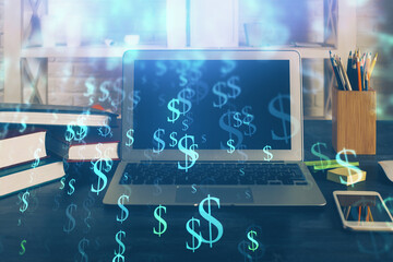 Financial chart drawing and table with computer on background. Multi exposure. Concept of...
