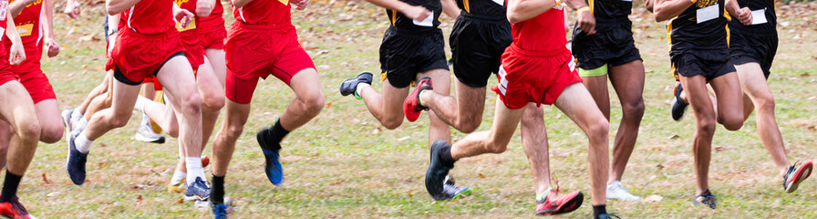 Start of boys cross country running race on a field