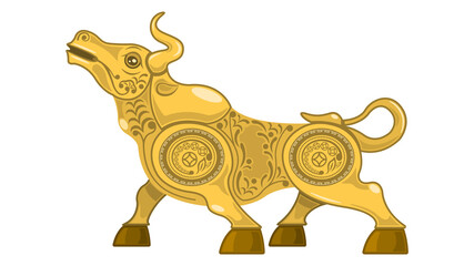 Metal gold bull isolated on white background, 2021 Chinese new year according to the Eastern calendar. Vector illustration cartoon style.