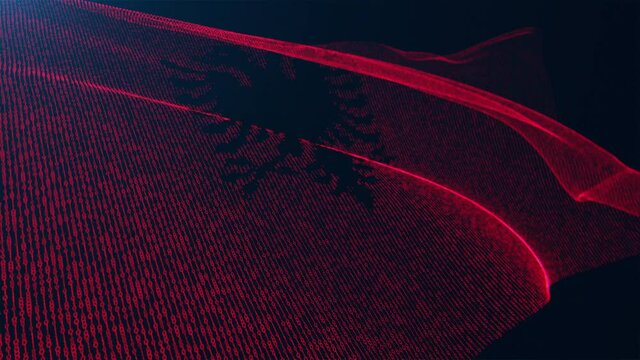 3d render. Albania digital flag with binary code texture flies in the wind. Seamless loop.