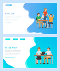 Office work vector, people at job dealing with papers and documents, meeting of co workers, conference and discussion of issues and problems. Website or webpage template, landing page flat style