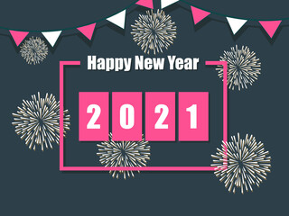 Happy New Year 2021 vector with fireworks, city, balloon and text design.