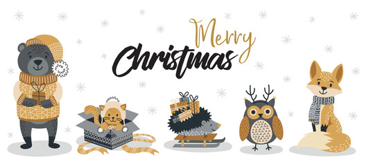 Banner with cute winter animals. Merry christmas and happy new year!
