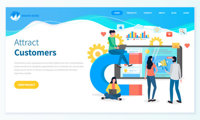 Attracting online customers webpage template. Big magnet and a team of people with laptop around. Customer retention strategy, digital inbound marketing, customer attraction banner landing page