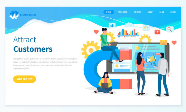 Attracting online customers webpage template. Big magnet and a team of people with laptop around. Customer retention strategy, digital inbound marketing, customer attraction banner landing page