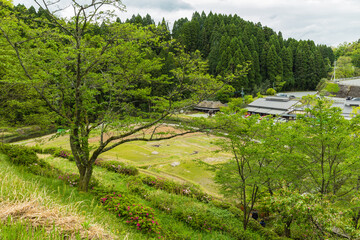 日本　熊本県上益城郡山都町、五老ヶ滝川の谷に架けられた水路橋の通潤橋周辺の風景