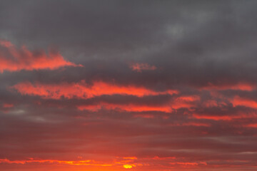 Obraz premium Wonderful November sunset with bright red-pink clouds on a dark gray-blue sky