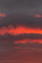 Wonderful November sunset with bright red-pink clouds on a dark gray-blue sky