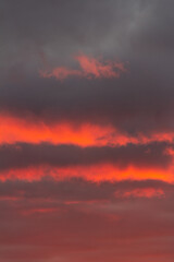 Wonderful November sunset with bright red-pink clouds on a dark gray-blue sky